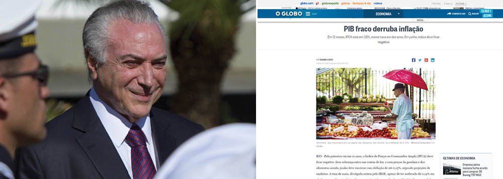 Reportagem do jornal dos Marinho, que já abandonou Temer e criticou o TSE por ter livrado o peemedebista da cassação, afirma que o "PIB fraco derruba inflação" (Foto: Gisele Federicce) Reportagem do jornal dos Marinho, que já abandonou Temer e criticou o TSE por ter livrado o peemedebista da cassação, afirma que o "PIB fraco derruba inflação"