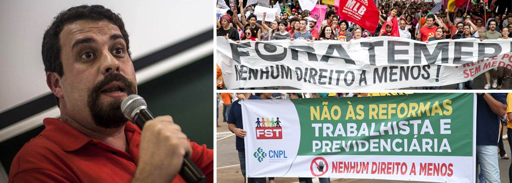 Pela saída do governo Temer e suas reformas que destroem direitos, pela realização de eleições diretas que resgatem "a soberania do voto popular", e contra a "condenação política" do ex-presidente Lula, o coordenador do MTST, Guilherme Boulos, convoca a população a participar das mobilizações que ocorrerão em São Paulo, e em diversas capitais do país, nesta quinta-feira (20); "A condenação do Lula, na medida em que foi uma condenação sem provas, na medida em que, desde o princípio, o processo foi conduzido com presunção de culpa, de maneira viciada, foi uma condenação política, e não jurídica", afirmou; em São Paulo, a manifestação terá concentração às 17h, em frente ao Masp (Foto: Paulo Emílio) Pela saída do governo Temer e suas reformas que destroem direitos, pela realização de eleições diretas que resgatem "a soberania do voto popular", e contra a "condenação política" do ex-presidente Lula, o coordenador do MTST, Guilherme Boulos, convoca a população a participar das mobilizações que ocorrerão em São Paulo, e em diversas capitais do país, nesta quinta-feira (20); "A condenação do Lula, na medida em que foi uma condenação sem provas, na medida em que, desde o princípio, o processo foi conduzido com presunção de culpa, de maneira viciada, foi uma condenação política, e não jurídica", afirmou; em São Paulo, a manifestação terá concentração às 17h, em frente ao Masp