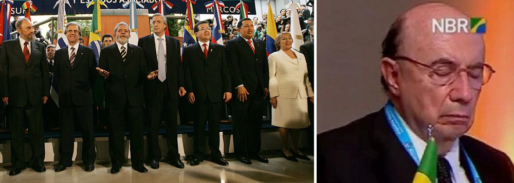 "Há exatos 11 anos: ninguém dormia na reunião da Cúpula do Mercosul", postou o ex-presidente no Twitter, com uma foto da cúpula naquele ano; nesta sexta-feira 21, o ministro da Fazenda, Henrique Meirelles, tirou alguns cochilos enquanto o chefe, Michel Temer, discursava ao seu lado (Foto: Gisele Federicce) "Há exatos 11 anos: ninguém dormia na reunião da Cúpula do Mercosul", postou o ex-presidente no Twitter, com uma foto da cúpula naquele ano; nesta sexta-feira 21, o ministro da Fazenda, Henrique Meirelles, tirou alguns cochilos enquanto o chefe, Michel Temer, discursava ao seu lado