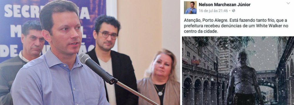 Nelson Marchezan Júnior (PSDB) postou em seu Facebook uma imagem de um "white walker" — zumbi que habita as regiões geladas na série Game of Thrones – no Viaduto da Borges, local no centro da cidade onde moradores de rua costumam a se abrigar para se proteger do frio; na mesma noite da postagem, morria um morador de rua por conta da queda das temperaturas (Foto: Aquiles Lins) Nelson Marchezan Júnior (PSDB) postou em seu Facebook uma imagem de um "white walker" — zumbi que habita as regiões geladas na série Game of Thrones – no Viaduto da Borges, local no centro da cidade onde moradores de rua costumam a se abrigar para se proteger do frio; na mesma noite da postagem, morria um morador de rua por conta da queda das temperaturas