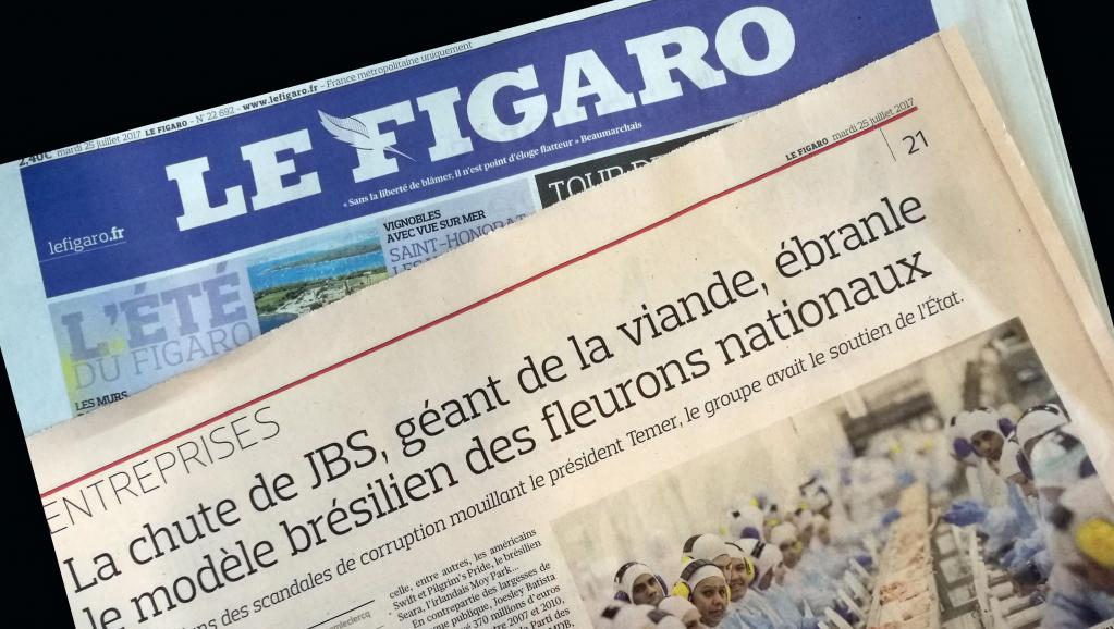 Le Figaro desta terça-feira (25) revela o "outro escândalo de Estado no Brasil: a decadência da gigante mundial de carne JBS"; artigo, publicado no suplemento de economia do jornal conservador, diz que a queda do grupo, no centro da investigação de corrupção envolvendo Michel Temer, balança o modelo brasileiro de grandes empresas nacionais (Foto: Aquiles Lins) Le Figaro desta terça-feira (25) revela o "outro escândalo de Estado no Brasil: a decadência da gigante mundial de carne JBS"; artigo, publicado no suplemento de economia do jornal conservador, diz que a queda do grupo, no centro da investigação de corrupção envolvendo Michel Temer, balança o modelo brasileiro de grandes empresas nacionais