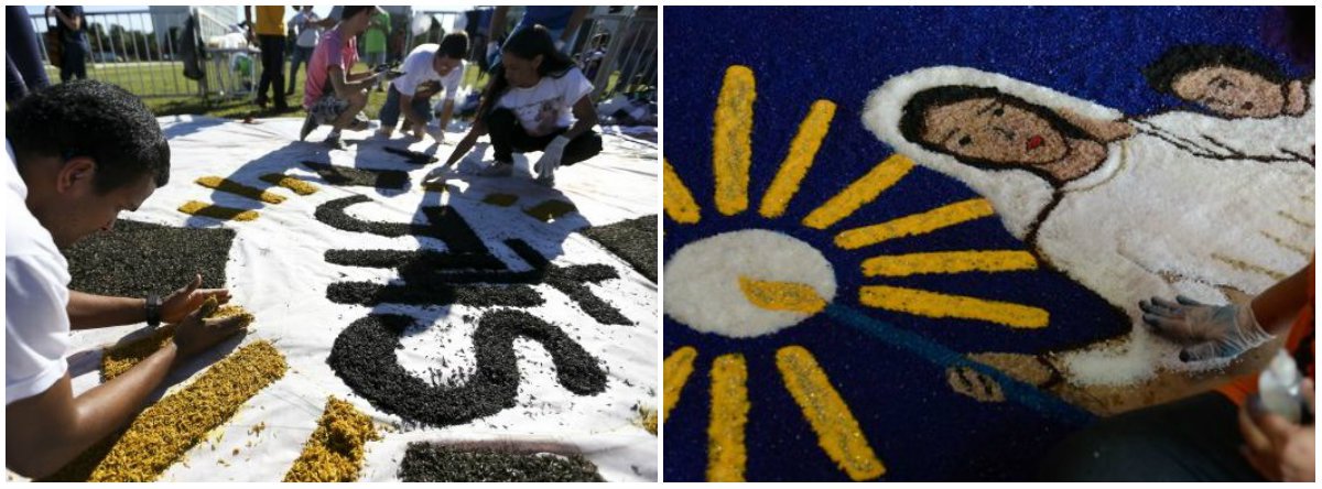 Cerca de 600 jovens de paróquias de todas as regiões do Distrito Federal chegaram cedo à Esplanada dos Ministérios, para deixar prontos os tradicionais tapetes da celebração de Corpus Christi; feitos com materiais como areia, sal, serragem, palha de arroz, borra de café e tinta, os tapetes têm símbolos e personagens cristãos e servirão de passagem para a procissão que marca a data
(Foto: Leonardo Lucena) Cerca de 600 jovens de paróquias de todas as regiões do Distrito Federal chegaram cedo à Esplanada dos Ministérios, para deixar prontos os tradicionais tapetes da celebração de Corpus Christi; feitos com materiais como areia, sal, serragem, palha de arroz, borra de café e tinta, os tapetes têm símbolos e personagens cristãos e servirão de passagem para a procissão que marca a data