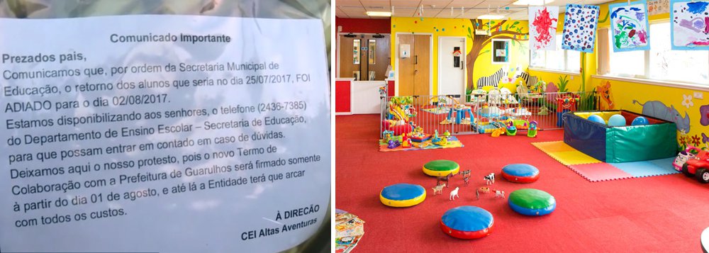 Falha documental entre Prefeitura e creches conveniadas deixa 10 mil alunos de 33 creches sem aula em Guarulhos; enquanto a prefeitura alega que as creches deixaram de entregar dados necessários para a regularização, donos de creche alegam que a falha é da administração pública.
(Foto: Charles Nisz) Falha documental entre Prefeitura e creches conveniadas deixa 10 mil alunos de 33 creches sem aula em Guarulhos; enquanto a prefeitura alega que as creches deixaram de entregar dados necessários para a regularização, donos de creche alegam que a falha é da administração pública.