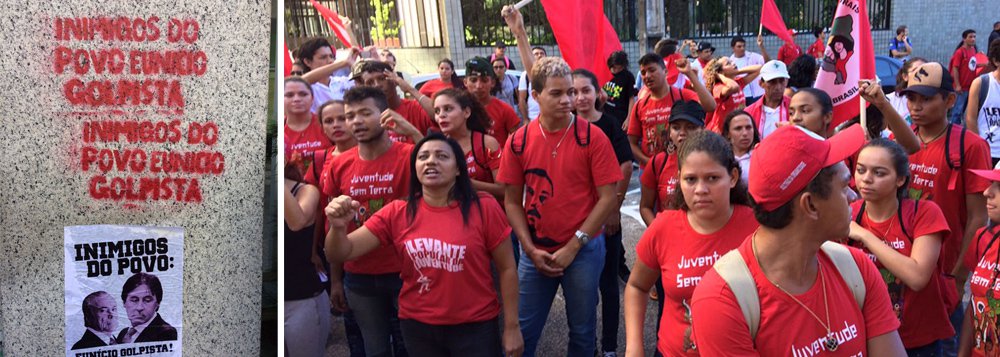 "Eunício Oliveira, senador do PMDB é um mega latifundiário brasileiro, dono de 92 imóveis rurais em Goiás e no Ceará. O ruralista, citado na Lava Jato, sob acusação de ter recebido 2 milhões da Odebrecht, também é dono de empresas de limpeza, segurança e transporte de valores, cujos contratos com a União chegam a casa das centenas de milhões. Sendo um dos políticos mais ricos do país, se elegendo com campanhas milionárias, Eunício de Oliveira não pode ser considerado um representante do Povo brasileiro, mas sim seu inimigo", diz nota do Levante Popular da Juventude, do MST e do Movimento dos Atingidos por Barragens (Foto: Leonardo Attuch) "Eunício Oliveira, senador do PMDB é um mega latifundiário brasileiro, dono de 92 imóveis rurais em Goiás e no Ceará. O ruralista, citado na Lava Jato, sob acusação de ter recebido 2 milhões da Odebrecht, também é dono de empresas de limpeza, segurança e transporte de valores, cujos contratos com a União chegam a casa das centenas de milhões. Sendo um dos políticos mais ricos do país, se elegendo com campanhas milionárias, Eunício de Oliveira não pode ser considerado um representante do Povo brasileiro, mas sim seu inimigo", diz nota do Levante Popular da Juventude, do MST e do Movimento dos Atingidos por Barragens