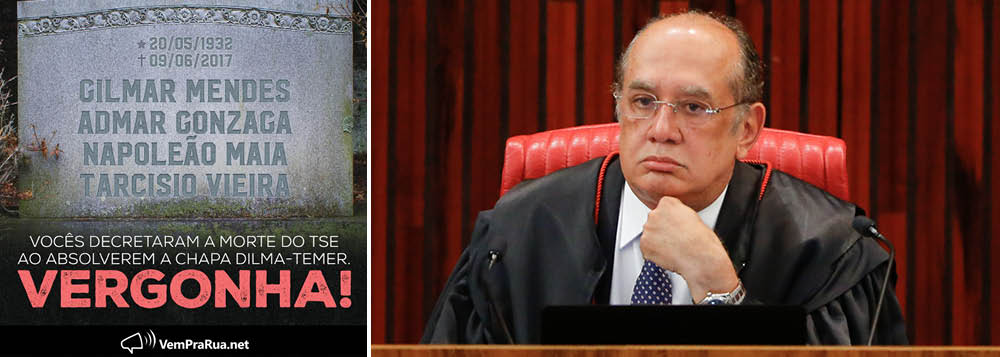 Movimento que defendeu o impeachment de Dilma Rousseff e chegou a exaltar o ministro do TSE e do STF na época do golpe, agora enterra Gilmar Mendes, cuja decisão nesta sexta-feira 9 decidiu pela absolvição de Michel Temer; em um post no Facebook, o Vem Pra Rua diz que os ministros Gilmar Mendes, Admar Gonzaga, Napoleão Maia e Tarcísio Vieira "decretaram a morte do TSE ao absolverem a chapa Dilma-Temer" (Foto: Gisele Federicce) Movimento que defendeu o impeachment de Dilma Rousseff e chegou a exaltar o ministro do TSE e do STF na época do golpe, agora enterra Gilmar Mendes, cuja decisão nesta sexta-feira 9 decidiu pela absolvição de Michel Temer; em um post no Facebook, o Vem Pra Rua diz que os ministros Gilmar Mendes, Admar Gonzaga, Napoleão Maia e Tarcísio Vieira "decretaram a morte do TSE ao absolverem a chapa Dilma-Temer"