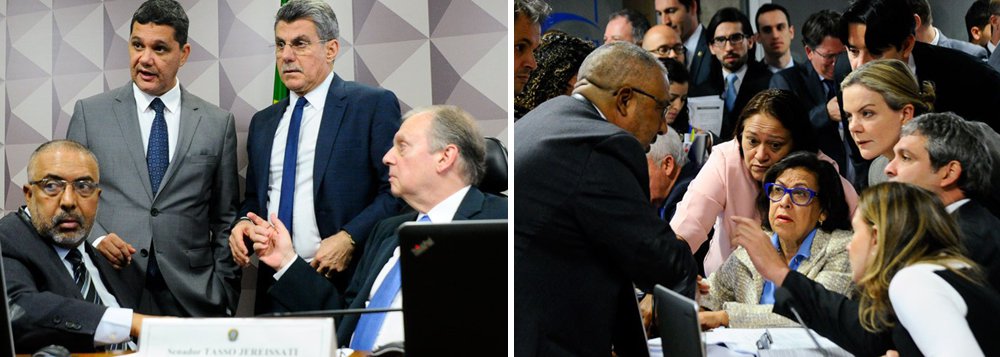 O presidente da Comissão de Assuntos Econômicos (CAE), Tasso Jereissati (PSDB-CE), o líder do governo Romero Jucá (PMDB-RR), o relator do projeto, Ricardo Ferraço (PSDB-ES), e o senador Paulo Paim (PT-RS) costuraram o entendimento, que prevê a discussão da proposta nesta terça e a votação na próxima reunião que deve ocorrer no dia 6; Paim deve apresentar um voto em separado na próxima sessão (Foto: Gisele Federicce) O presidente da Comissão de Assuntos Econômicos (CAE), Tasso Jereissati (PSDB-CE), o líder do governo Romero Jucá (PMDB-RR), o relator do projeto, Ricardo Ferraço (PSDB-ES), e o senador Paulo Paim (PT-RS) costuraram o entendimento, que prevê a discussão da proposta nesta terça e a votação na próxima reunião que deve ocorrer no dia 6; Paim deve apresentar um voto em separado na próxima sessão