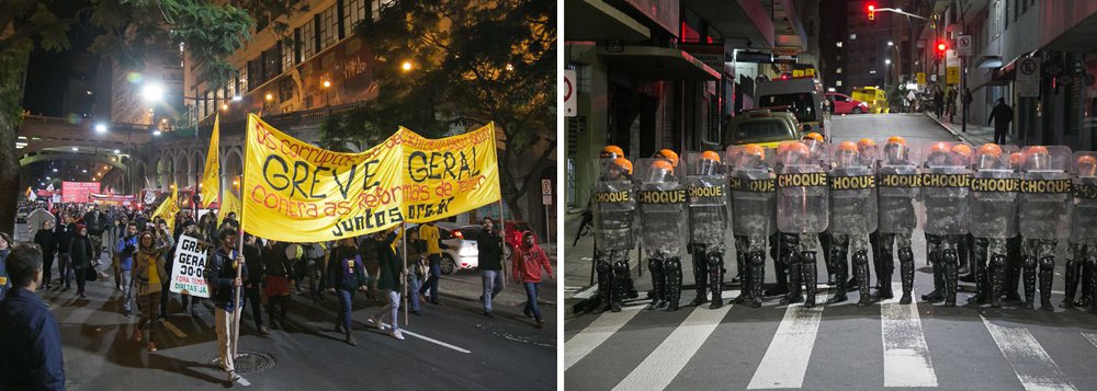 As forças políticas que estão organizando a greve geral do próximo dia 30 de junho em defesa do “Fora, Temer!” e contra as propostas da Reforma da Previdência e Reforma Trabalhista promoveram, em Porto Alegre, dois atos de “esquenta” para a mobilização, no mesmo horário e separados por poucos metros; na Esquina Democrática, concentraram-se militantes do PSOL, PSTU, Fórum em Defesa da Previdência, CSP Conlutas, do Movimento de Luta nos Bairros, Vilas e Favelas (MLB), da Unidade Popular pelo Socialismo (UP), entre outras entidades; a poucos metros, no Largo Glênio Peres, ocorria no mesmo instante outro “esquenta” para a greve geral com a presença de representantes da CUT, da CTB, da Intersindical, da Nova Central Sindical, entre outras organizações (Foto: Leonardo Lucena) As forças políticas que estão organizando a greve geral do próximo dia 30 de junho em defesa do “Fora, Temer!” e contra as propostas da Reforma da Previdência e Reforma Trabalhista promoveram, em Porto Alegre, dois atos de “esquenta” para a mobilização, no mesmo horário e separados por poucos metros; na Esquina Democrática, concentraram-se militantes do PSOL, PSTU, Fórum em Defesa da Previdência, CSP Conlutas, do Movimento de Luta nos Bairros, Vilas e Favelas (MLB), da Unidade Popular pelo Socialismo (UP), entre outras entidades; a poucos metros, no Largo Glênio Peres, ocorria no mesmo instante outro “esquenta” para a greve geral com a presença de representantes da CUT, da CTB, da Intersindical, da Nova Central Sindical, entre outras organizações