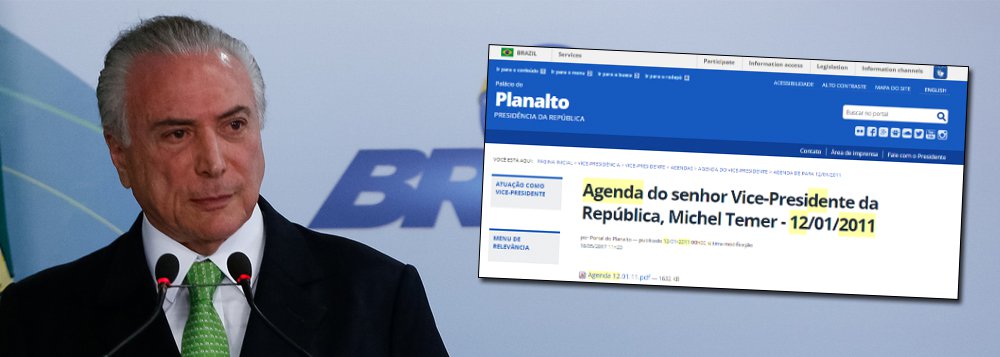 Viagem realizada no dia 12 de janeiro de 2011 por Michel Temer e sua família para Comandatuba, na Bahia, com uma aeronave do empresário Joesley Batista, foi alterada pelo sistema do Palácio do Planalto no dia 18 de maio deste ano; compromissos na data, uma quarta-feira, se limitam a encontros com políticos e auxiliares (Foto: Gisele Federicce) Viagem realizada no dia 12 de janeiro de 2011 por Michel Temer e sua família para Comandatuba, na Bahia, com uma aeronave do empresário Joesley Batista, foi alterada pelo sistema do Palácio do Planalto no dia 18 de maio deste ano; compromissos na data, uma quarta-feira, se limitam a encontros com políticos e auxiliares