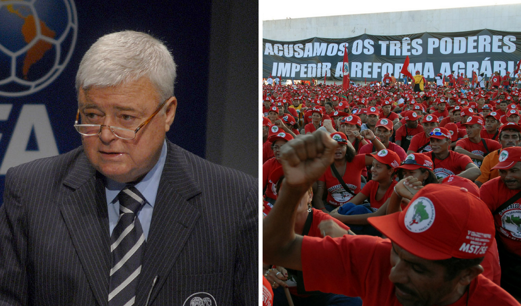O Movimento dos Trabalhadores Rurais Sem Terra ocupou um latifúndio pertencente ao presidente da CBF, Ricardo Teixeira, alvo de várias denúncias de corrupção; ação faz parte da "Jornada Nacional de Luta pela Reforma Agrária", que apresenta a proposta: “Corruptos, devolvam nossas terras!”; milhares de trabalhadores rurais ocupam, em todo país, fazendas ligadas a processos de corrupção ou a corruptos, onde exigem a destinação das terras para assentamento de famílias Sem Terra (Foto: Giuliana Miranda) O Movimento dos Trabalhadores Rurais Sem Terra ocupou um latifúndio pertencente ao presidente da CBF, Ricardo Teixeira, alvo de várias denúncias de corrupção; ação faz parte da "Jornada Nacional de Luta pela Reforma Agrária", que apresenta a proposta: “Corruptos, devolvam nossas terras!”; milhares de trabalhadores rurais ocupam, em todo país, fazendas ligadas a processos de corrupção ou a corruptos, onde exigem a destinação das terras para assentamento de famílias Sem Terra