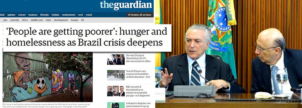 Reportagem do jornal britânico The Guardian aponta que a recessão econômica brasileira, estabelecida após o golpe contra Dilma Rousseff e acentuada com medidas econômicas do governo Temer, começa a empobrecer o País, que corre o risco de voltar a fazer parte do Mapa da Fome da ONU, apenas três anos após ter saído; "Desemprego e instabilidade social ameaçam um indesejável retorno ao passado em um país que já foi visto como modelo para economias emergentes, mas é afetado pela recessão", diz a publicação; jornal diz que os "os pobres estão ficando mais pobres"e que "este deveria ser o passado do Brasil" (Foto: Gisele Federicce) Reportagem do jornal britânico The Guardian aponta que a recessão econômica brasileira, estabelecida após o golpe contra Dilma Rousseff e acentuada com medidas econômicas do governo Temer, começa a empobrecer o País, que corre o risco de voltar a fazer parte do Mapa da Fome da ONU, apenas três anos após ter saído; "Desemprego e instabilidade social ameaçam um indesejável retorno ao passado em um país que já foi visto como modelo para economias emergentes, mas é afetado pela recessão", diz a publicação; jornal diz que os "os pobres estão ficando mais pobres"e que "este deveria ser o passado do Brasil"