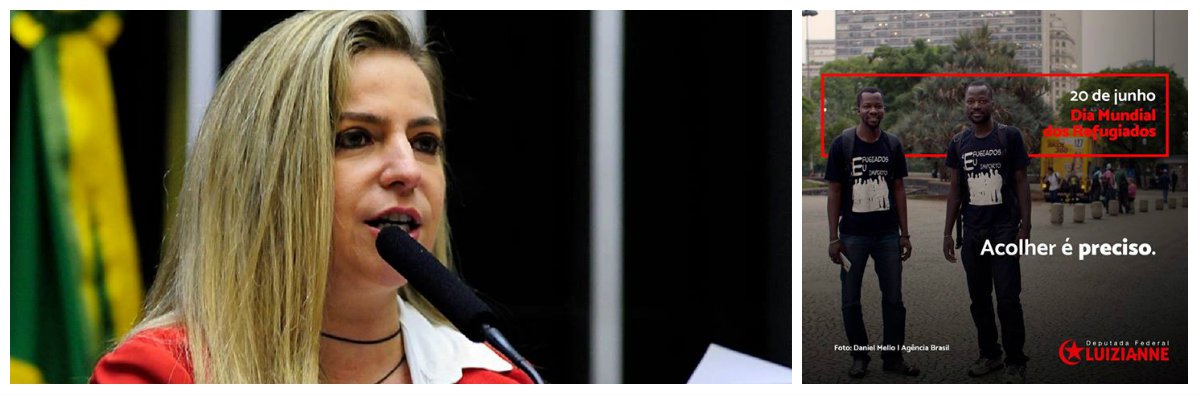 Na passagem hoje (20), do Dia Mundial dos Refugiados, a deputada federal Luzianne Lins (PT-CE), defendeu que o Brasil seja "um exemplo de acolhimento e solidariedade para o mundo". O Brasil abriga, oficialmente, cerca de 9 mil refugiados de 79 nacionalidades. Segundo a deputada, o dia de hoje deve "celebrar a vinda destas pessoas e ajudar a conscientizar todos sobre este ato de humanidade"
(Foto: Fatima 247) Na passagem hoje (20), do Dia Mundial dos Refugiados, a deputada federal Luzianne Lins (PT-CE), defendeu que o Brasil seja "um exemplo de acolhimento e solidariedade para o mundo". O Brasil abriga, oficialmente, cerca de 9 mil refugiados de 79 nacionalidades. Segundo a deputada, o dia de hoje deve "celebrar a vinda destas pessoas e ajudar a conscientizar todos sobre este ato de humanidade"