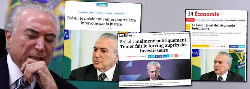 A imprensa francesa desta quarta-feira (31) traz várias reportagens e análises sobre a situação política e econômica do Brasil; o Les Echos traz uma matéria sobre a estratégia de Michel Temer para permanecer na presidência, enquanto Le Monde explica que a economia brasileira ainda está longe da retomada anunciada pelo governo; para o Le Parisien, o mandato de Temer "está por um fio" e a população, castigada pela crise e por um índice de desemprego superior a 14%, está exausta da repetição de escândalos (Foto: Aquiles Lins) A imprensa francesa desta quarta-feira (31) traz várias reportagens e análises sobre a situação política e econômica do Brasil; o Les Echos traz uma matéria sobre a estratégia de Michel Temer para permanecer na presidência, enquanto Le Monde explica que a economia brasileira ainda está longe da retomada anunciada pelo governo; para o Le Parisien, o mandato de Temer "está por um fio" e a população, castigada pela crise e por um índice de desemprego superior a 14%, está exausta da repetição de escândalos