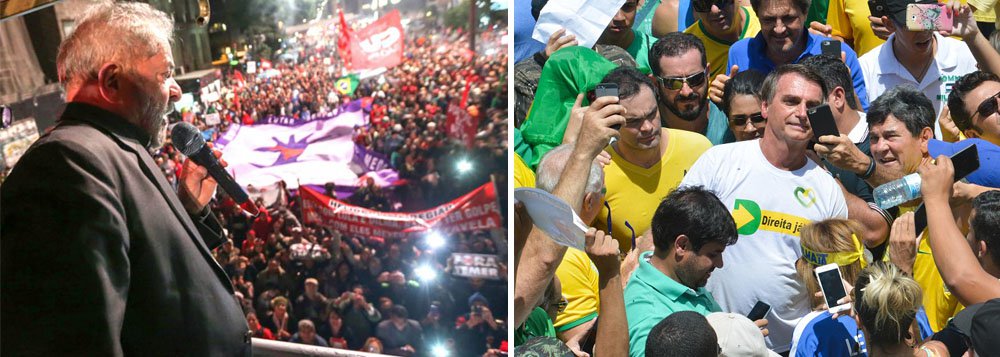 Pré-candidatos a presidência da República, o ex-presidente Lula e o deputado federal Jair Bolsonaro (PSC-RJ) estão empatados tecnicamente entre os eleitores de Belo Horizonte, levando em consideração a margem de erro de 3,5 pontos percentuais para mais ou para menos no levantamento feito pelo Instituto Paraná Pesquisas; o petista fica em primeiro lugar, com 19,9% das intenções de voto, e o parlamentar do Rio em segundo, com 16,2%, seguido pelo ex-presidente do STF Joaquim Barbosa, com 12,0% (Foto: Leonardo Lucena) Pré-candidatos a presidência da República, o ex-presidente Lula e o deputado federal Jair Bolsonaro (PSC-RJ) estão empatados tecnicamente entre os eleitores de Belo Horizonte, levando em consideração a margem de erro de 3,5 pontos percentuais para mais ou para menos no levantamento feito pelo Instituto Paraná Pesquisas; o petista fica em primeiro lugar, com 19,9% das intenções de voto, e o parlamentar do Rio em segundo, com 16,2%, seguido pelo ex-presidente do STF Joaquim Barbosa, com 12,0%