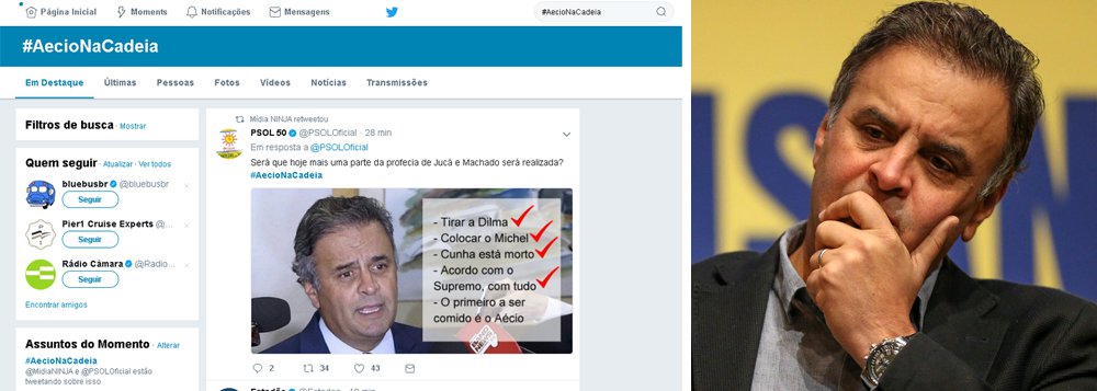No dia que o Supremo julga pedido de prisão do senador afastado Aécio Neves (PSDB-MG), a hashtag #AecioNaCadeia lidera o trending topics (assunto mais comentado) do Twitter; o pedido de prisão do parlamentar mineiro será analisado pela Primeira Turma do STF nesta terça-feira (19); Constituição prevê prisão de congressistas somente em flagrante delito, no que, segundo o procurador Rodrigo Janot, se enquadra o caso do tucano, que é acuado de tentar obstruir a Justiça; mesmo que o STF determine a prisão de Aécio, o Senado deverá ainda precisará aprová-la pela maioria absoluta (41 dos 81 senadores) (Foto: Paulo Emílio) No dia que o Supremo julga pedido de prisão do senador afastado Aécio Neves (PSDB-MG), a hashtag #AecioNaCadeia lidera o trending topics (assunto mais comentado) do Twitter; o pedido de prisão do parlamentar mineiro será analisado pela Primeira Turma do STF nesta terça-feira (19); Constituição prevê prisão de congressistas somente em flagrante delito, no que, segundo o procurador Rodrigo Janot, se enquadra o caso do tucano, que é acuado de tentar obstruir a Justiça; mesmo que o STF determine a prisão de Aécio, o Senado deverá ainda precisará aprová-la pela maioria absoluta (41 dos 81 senadores)
