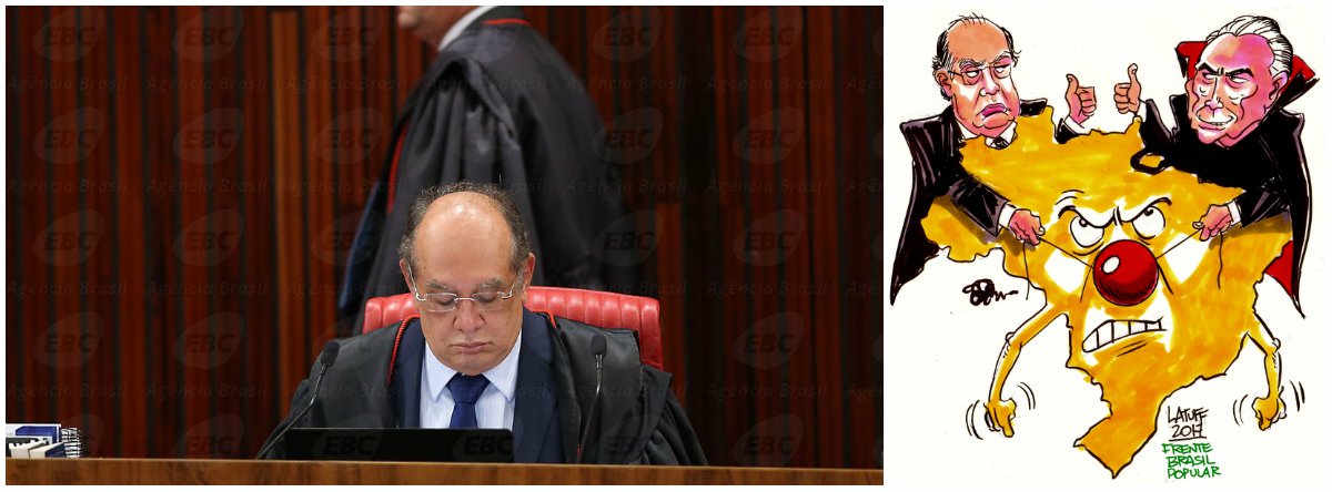 Na charge do cartunista Carlos Latuff, o presidente do TSE, Gilmar Mendes, e Michel Temer tiram sarro da cara do País ao combinar o resultado do julgamento que livrou Temer da cassação na última sexta-feira 9; na votação, Gilmar deu o voto decisivo, absolvendo Temer (Foto: Gisele Federicce) Na charge do cartunista Carlos Latuff, o presidente do TSE, Gilmar Mendes, e Michel Temer tiram sarro da cara do País ao combinar o resultado do julgamento que livrou Temer da cassação na última sexta-feira 9; na votação, Gilmar deu o voto decisivo, absolvendo Temer