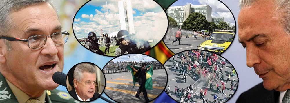 Depois da péssima repercussão do decreto em que convocou as Forças Armadas, no que seria mais um crime de responsabilidade de Michel Temer, o chefe das Forças Armadas, general Eduardo da Costa Villas Bôas, lavou as mãos e disse que a polícia do Distrito Federal tem condições de garantir a lei e a ordem; "Acredito que a polícia deva ter ainda a capacidade de preservar a ordem. Ficamos em uma situação de expectativa caso algo fuja ao controle", declarou; abandonado, Temer já cogita revogar o decreto se as manifestações contra suas reformas em Brasília estiverem mais calmas até o fim da noite; o governo do Distrito Federal, Rodrigo Rollemberg, também peitou Temer e diz que ele agiu fora da lei (Foto: Gisele Federicce) Depois da péssima repercussão do decreto em que convocou as Forças Armadas, no que seria mais um crime de responsabilidade de Michel Temer, o chefe das Forças Armadas, general Eduardo da Costa Villas Bôas, lavou as mãos e disse que a polícia do Distrito Federal tem condições de garantir a lei e a ordem; "Acredito que a polícia deva ter ainda a capacidade de preservar a ordem. Ficamos em uma situação de expectativa caso algo fuja ao controle", declarou; abandonado, Temer já cogita revogar o decreto se as manifestações contra suas reformas em Brasília estiverem mais calmas até o fim da noite; o governo do Distrito Federal, Rodrigo Rollemberg, também peitou Temer e diz que ele agiu fora da lei