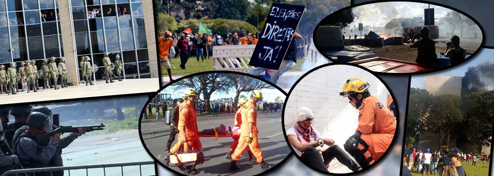 Tumulto no protesto contra as reformas do governo Temer, pela saída do peemedebista e por diretas já em Brasília; prédios dos ministérios da Fazenda e da Agricultura foram alvo de manifestantes com bombas, vidraças quebradas e frases pintadas nas paredes contra Temer; todos os ministérios foram evacuados, por segurança; protesto na Praça dos Três Poderes e na Esplanada dos Ministérios, que já dura três horas, sofre forte repressão do Choque, da Polícia Militar, que usou bombas de efeito moral e gás lacrimogêneo, além de spray de pimenta, contra os manifestantes, que fazem barricada; quatro pessoas foram detidas (Foto: Gisele Federicce) Tumulto no protesto contra as reformas do governo Temer, pela saída do peemedebista e por diretas já em Brasília; prédios dos ministérios da Fazenda e da Agricultura foram alvo de manifestantes com bombas, vidraças quebradas e frases pintadas nas paredes contra Temer; todos os ministérios foram evacuados, por segurança; protesto na Praça dos Três Poderes e na Esplanada dos Ministérios, que já dura três horas, sofre forte repressão do Choque, da Polícia Militar, que usou bombas de efeito moral e gás lacrimogêneo, além de spray de pimenta, contra os manifestantes, que fazem barricada; quatro pessoas foram detidas