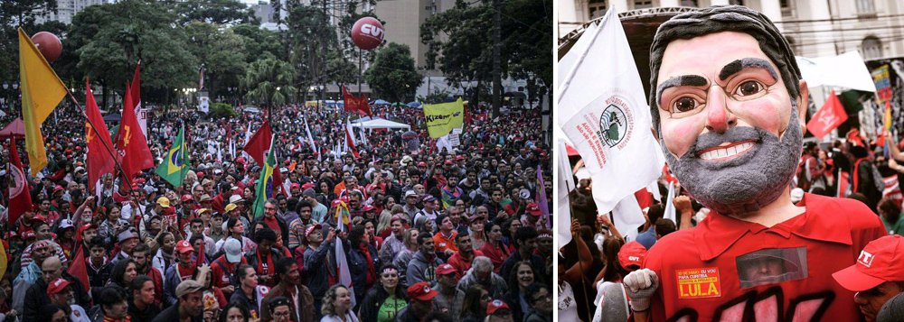 Dezenas de milhares de manifestantes aguardam Lula no centro de Curitiba aos gritos de "Fora Temer" e de "Lula presidente"; depoimento do ex-presidente ao juiz Sergio Moro terminou cerca de 19h10, após cinco horas; senador Lindbergh Farias (PT-RJ) falou em seu discurso em golpe de classes com apoio dos Estados Unidos para tomar o pré-sal e fez duras críticas à TV Globo; Guilherme Boulos, líder do MTST e da Frente Povo Sem Medo, disse que os movimentos defendem as investigações, mas não "linchamento"; "Juiz tem que julgar, não pode tomar lado, como esse Sergio Moro está fazendo aos olhos de todo o país", disse; segundo ele, Curitiba foi hoje um exemplo de "resistência democrática" (Foto: Gisele Federicce) Dezenas de milhares de manifestantes aguardam Lula no centro de Curitiba aos gritos de "Fora Temer" e de "Lula presidente"; depoimento do ex-presidente ao juiz Sergio Moro terminou cerca de 19h10, após cinco horas; senador Lindbergh Farias (PT-RJ) falou em seu discurso em golpe de classes com apoio dos Estados Unidos para tomar o pré-sal e fez duras críticas à TV Globo; Guilherme Boulos, líder do MTST e da Frente Povo Sem Medo, disse que os movimentos defendem as investigações, mas não "linchamento"; "Juiz tem que julgar, não pode tomar lado, como esse Sergio Moro está fazendo aos olhos de todo o país", disse; segundo ele, Curitiba foi hoje um exemplo de "resistência democrática"