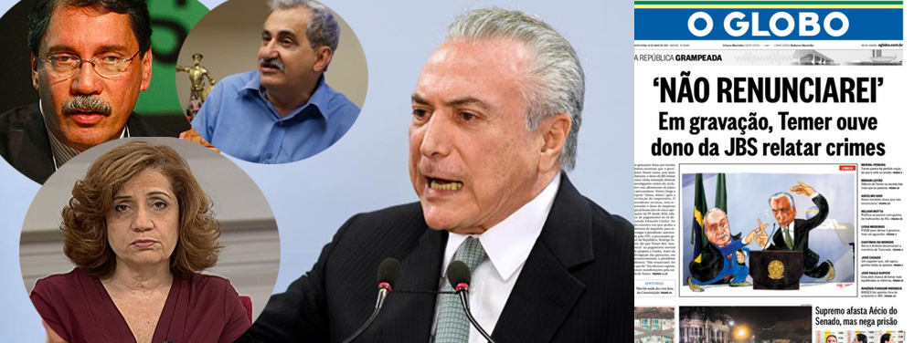 Família Marinho, que exerceu papel central na construção do golpe de 2016, não quer mais seu preposto Michel Temer na presidência da República; a mensagem está claríssima na edição desta sexta-feira do jornal O Globo; Merval Pereira, principal porta-voz dos Marinho, disse que Temer não sabe diferenciar o certo do errado e disse ainda que ele é um desqualificado na presidência; Ancelmo Gois comparou Temer a Richard Nixon, que disse que não renunciaria para cair apenas dois dias depois; Miriam Leitão se somou ao coro dos descontentes; Temer, que nunca teve legitimidade nem apoio popular, se sustentava em dois pilares: a Globo e a base corrupta do Congresso; sem a mídia e sem condições de aprovar quaisquer reformas, ele está nos seus estertores (Foto: Leonardo Attuch) Família Marinho, que exerceu papel central na construção do golpe de 2016, não quer mais seu preposto Michel Temer na presidência da República; a mensagem está claríssima na edição desta sexta-feira do jornal O Globo; Merval Pereira, principal porta-voz dos Marinho, disse que Temer não sabe diferenciar o certo do errado e disse ainda que ele é um desqualificado na presidência; Ancelmo Gois comparou Temer a Richard Nixon, que disse que não renunciaria para cair apenas dois dias depois; Miriam Leitão se somou ao coro dos descontentes; Temer, que nunca teve legitimidade nem apoio popular, se sustentava em dois pilares: a Globo e a base corrupta do Congresso; sem a mídia e sem condições de aprovar quaisquer reformas, ele está nos seus estertores