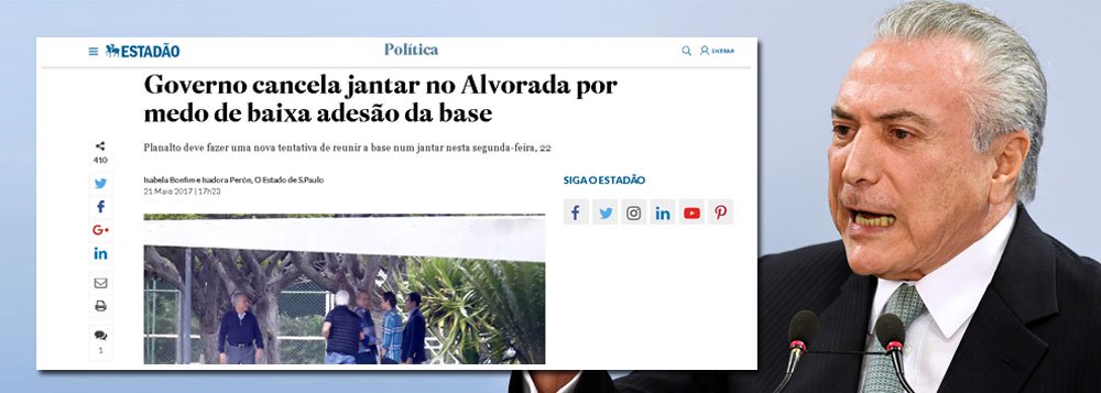Rejeitado por mais de 92% dos brasileiros, e também flagrado cometendo crimes em série, Michel Temer tentou organizar um jantar da base aliada neste domingo, mas o evento foi cancelado diante da baixa adesão de parlamentares; com o encontro, Temer pretendia demonstrar que ainda tem força para executar o programa econômico do golpe de 2016, mantendo, assim, o apoio das forças econômicas que o levaram ao poder; no entanto, Temer já perdeu o apoio de partidos da base aliada, como PPS, PSB e PTN, e também da sociedade civil; a OAB, por exemplo, protocolará nos próximos dias seu pedido de impeachment; cada vez mais isolado, Temer poderá renunciar na próxima semana ou arrastar-se no cargo até ser cassado pelo Tribunal Superior Eleitoral, no início de junho (Foto: Leonardo Attuch) Rejeitado por mais de 92% dos brasileiros, e também flagrado cometendo crimes em série, Michel Temer tentou organizar um jantar da base aliada neste domingo, mas o evento foi cancelado diante da baixa adesão de parlamentares; com o encontro, Temer pretendia demonstrar que ainda tem força para executar o programa econômico do golpe de 2016, mantendo, assim, o apoio das forças econômicas que o levaram ao poder; no entanto, Temer já perdeu o apoio de partidos da base aliada, como PPS, PSB e PTN, e também da sociedade civil; a OAB, por exemplo, protocolará nos próximos dias seu pedido de impeachment; cada vez mais isolado, Temer poderá renunciar na próxima semana ou arrastar-se no cargo até ser cassado pelo Tribunal Superior Eleitoral, no início de junho