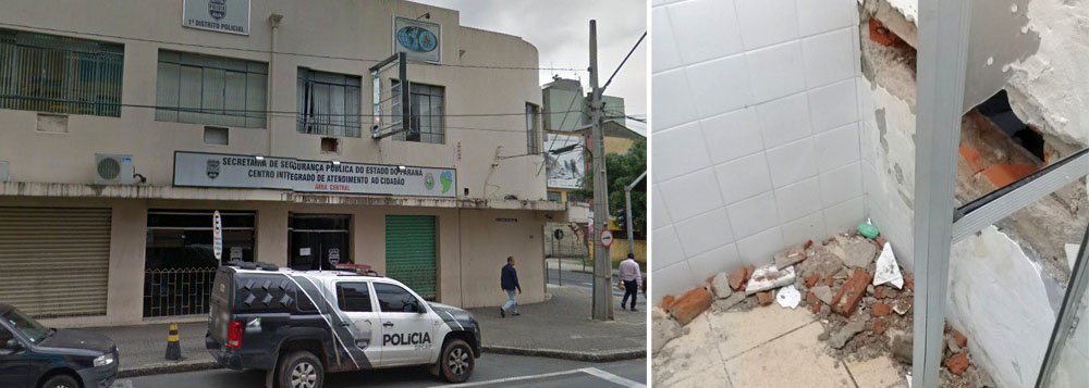 Dezoito presos fugiram, na madrugada desta segunda-feira (22), do 1º Distrito Policial, no Centro de Curitiba; segundo a Polícia Civil, o local tem capacidade para quatro detentos, mas estava com com 33
(Foto: Leonardo Lucena)
Dezoito presos fugiram, na madrugada desta segunda-feira (22), do 1º Distrito Policial, no Centro de Curitiba; segundo a Polícia Civil, o local tem capacidade para quatro detentos, mas estava com com 33