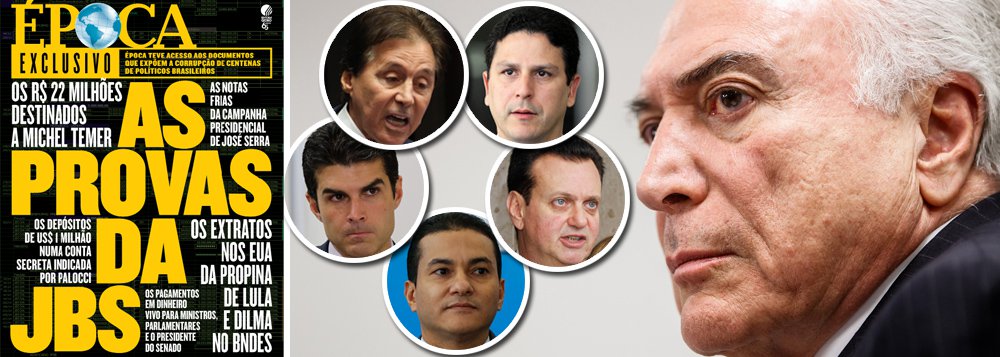 A matéria de capa da revista Época desta semana traz uma série de novas revelações sobre o esquema de corrupção que Michel Temer e seu grupo político tinham com a JBS e outras empresas dos irmãos Batista; a reportagem analisou novos documentos que mostram que há provas consistentes de corrupção de empresas indicadas por Temer à JBS, na distante campanha presidencial de 2010; surgem ainda evidências de pagamentos em dinheiro vivo ao presidente do Senado, Eunício Oliveira, entre outros parlamentares, e a ministros do governo Temer, como Bruno Araújo, Gilberto Kassab, Helder Barbalho e Marcos Pereira; Kassab, por exemplo, também aparece como beneficiário de um valor extraordinário em propinas, recebidas, segundo os documentos, até o ano passado: R$ 18 milhões (Foto: Giuliana Miranda) A matéria de capa da revista Época desta semana traz uma série de novas revelações sobre o esquema de corrupção que Michel Temer e seu grupo político tinham com a JBS e outras empresas dos irmãos Batista; a reportagem analisou novos documentos que mostram que há provas consistentes de corrupção de empresas indicadas por Temer à JBS, na distante campanha presidencial de 2010; surgem ainda evidências de pagamentos em dinheiro vivo ao presidente do Senado, Eunício Oliveira, entre outros parlamentares, e a ministros do governo Temer, como Bruno Araújo, Gilberto Kassab, Helder Barbalho e Marcos Pereira; Kassab, por exemplo, também aparece como beneficiário de um valor extraordinário em propinas, recebidas, segundo os documentos, até o ano passado: R$ 18 milhões