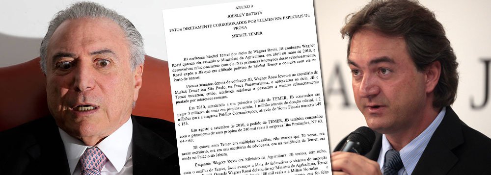 Mais uma bomba atinge Michel Temer, que ontem falou em rede nacional prometendo não renunciar; segundo a delação de Joesley Batista, da JBS, Temer recebe propinas regularmente desde 2010; ou seja: além dos flagrantes de obstrução judicial e vazamento da taxa de juros do Banco Central, ele também foi acusado de corrupção sistemática por parte do empresário; diante do escândalo, a economia brasileira derrete e até aliados de Temer o abandonam; leia a íntegra do anexo (Foto: Leonardo Attuch) Mais uma bomba atinge Michel Temer, que ontem falou em rede nacional prometendo não renunciar; segundo a delação de Joesley Batista, da JBS, Temer recebe propinas regularmente desde 2010; ou seja: além dos flagrantes de obstrução judicial e vazamento da taxa de juros do Banco Central, ele também foi acusado de corrupção sistemática por parte do empresário; diante do escândalo, a economia brasileira derrete e até aliados de Temer o abandonam; leia a íntegra do anexo