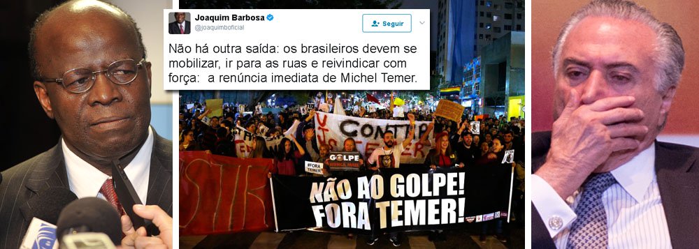 Com a autoridade de quem presidiu o Supremo Tribunal Federal, Joaquim Barbosa conclamou os brasileiros a saírem às ruas contra a humilhação nacional e internacional que significa ter na presidência da República um indivíduo pego em flagrante cometendo vários crimes; "Não há outra saída: os brasileiros devem se mobilizar, ir para as ruas e reivindicar com força a renúncia imediata de Michel Temer", afirmou Barbosa, em sua conta no Twitter; "Isoladamente, a notícia extraída de um inquérito criminal e veiculada há poucas semanas, de que o sr Michel Temer usou o Palácio do Jaburu para pedir propina a um empresário seria um motivo forte o bastante para se desencadear um clamor pela sua renúncia" (Foto: Aquiles Lins) Com a autoridade de quem presidiu o Supremo Tribunal Federal, Joaquim Barbosa conclamou os brasileiros a saírem às ruas contra a humilhação nacional e internacional que significa ter na presidência da República um indivíduo pego em flagrante cometendo vários crimes; "Não há outra saída: os brasileiros devem se mobilizar, ir para as ruas e reivindicar com força a renúncia imediata de Michel Temer", afirmou Barbosa, em sua conta no Twitter; "Isoladamente, a notícia extraída de um inquérito criminal e veiculada há poucas semanas, de que o sr Michel Temer usou o Palácio do Jaburu para pedir propina a um empresário seria um motivo forte o bastante para se desencadear um clamor pela sua renúncia"