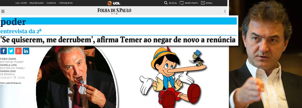 Michel Temer, flagrado pela Polícia Federal cometendo vários crimes, também mentiu na entrevista publicada pela Folha nesta segunda-feira; ele disse que recebeu o empresário Joesley Batista no subsolo do Palácio do Jaburu, de fim da noite de 7 de março, porque imaginava que ele viesse falar sobre a Operação Carne Fraca – e não sobre as ações penais em que é réu; ocorre que a Carne Fraca só aconteceu dez dias depois do encontro entre Temer e Joesley, no dia 17 de março; cada vez mais isolado, Temer pode cair a qualquer momento, embora tenha dito que não irá renunciar; seus últimos aliados, como o ex-presidente Fernando Henrique Cardoso, já falam em renúncia; quem descobriu a mentira de Temer foi o jornalista Eduardo Bresciani, do jornal O Globo (Foto: Leonardo Attuch) Michel Temer, flagrado pela Polícia Federal cometendo vários crimes, também mentiu na entrevista publicada pela Folha nesta segunda-feira; ele disse que recebeu o empresário Joesley Batista no subsolo do Palácio do Jaburu, de fim da noite de 7 de março, porque imaginava que ele viesse falar sobre a Operação Carne Fraca – e não sobre as ações penais em que é réu; ocorre que a Carne Fraca só aconteceu dez dias depois do encontro entre Temer e Joesley, no dia 17 de março; cada vez mais isolado, Temer pode cair a qualquer momento, embora tenha dito que não irá renunciar; seus últimos aliados, como o ex-presidente Fernando Henrique Cardoso, já falam em renúncia; quem descobriu a mentira de Temer foi o jornalista Eduardo Bresciani, do jornal O Globo