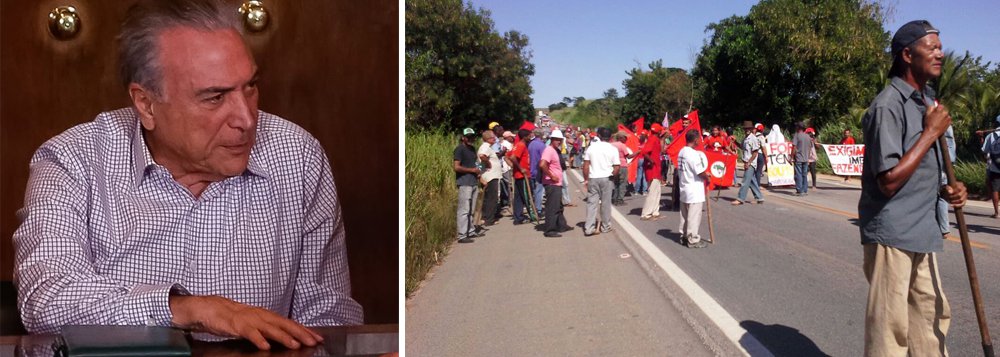 Um grupo de pessoas do Movimento dos Trabalhadores Rurais Sem Terra (MST) iniciou um protesto, em Uberaba (MG), pedindo a saída de Michel Temer e a retomada da reforma agrária; os manifestantes também são contrários à reforma da Previdência; segundo o MST, esta segunda é o dia internacional da luta camponesa e são lembrados os 21 anos do massacre em Eldorado dos Carajás (PA) (Foto: Leonardo Lucena) Um grupo de pessoas do Movimento dos Trabalhadores Rurais Sem Terra (MST) iniciou um protesto, em Uberaba (MG), pedindo a saída de Michel Temer e a retomada da reforma agrária; os manifestantes também são contrários à reforma da Previdência; segundo o MST, esta segunda é o dia internacional da luta camponesa e são lembrados os 21 anos do massacre em Eldorado dos Carajás (PA)