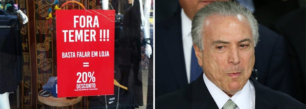 No país em que 78% das pessoas defendem a cassação de Michel Temer e 90% querem eleições diretas, um lojista do Rio de Janeiro encontrou uma solução cívica para aumentar as vendas e estar em sintonia com o amplo desejo dos brasileiros; segundo registro da coluna de Ancelmo Gois, do Globo, a loja de roupas Dimpus, situada no bairro de Ipanema, Zona Sul do Rio, colocou na vitrine um cartaz que diz que quem entrar e disser "Fora, Temer" ganha... 20% de desconto (Foto: Aquiles Lins) No país em que 78% das pessoas defendem a cassação de Michel Temer e 90% querem eleições diretas, um lojista do Rio de Janeiro encontrou uma solução cívica para aumentar as vendas e estar em sintonia com o amplo desejo dos brasileiros; segundo registro da coluna de Ancelmo Gois, do Globo, a loja de roupas Dimpus, situada no bairro de Ipanema, Zona Sul do Rio, colocou na vitrine um cartaz que diz que quem entrar e disser "Fora, Temer" ganha... 20% de desconto