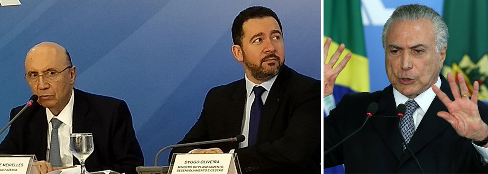 O governo de Michel Temer fixou nesta sexta-feira um déficit primário de R$ 129 bilhões de reais para o governo central (governo federal, Banco Central e Previdência) em 2018; déficit primário, que é o resultado negativo das contas do governo antes do pagamento dos juros da dívida, é bem maior do que a estimativa anterior do governo, de R$ 79 bilhões; informação divulgada pelo ministro da Fazenda, Henrique Meirelles, compromete o discurso de retomada do crescimento do País, que vive sua pior recessão econômica sob o comando de Michel Temer; rombo será maior porque a depressão econômica provocada pelo golpe derrubou a arrecadação de impostos (Foto: Aquiles Lins) O governo de Michel Temer fixou nesta sexta-feira um déficit primário de R$ 129 bilhões de reais para o governo central (governo federal, Banco Central e Previdência) em 2018; déficit primário, que é o resultado negativo das contas do governo antes do pagamento dos juros da dívida, é bem maior do que a estimativa anterior do governo, de R$ 79 bilhões; informação divulgada pelo ministro da Fazenda, Henrique Meirelles, compromete o discurso de retomada do crescimento do País, que vive sua pior recessão econômica sob o comando de Michel Temer; rombo será maior porque a depressão econômica provocada pelo golpe derrubou a arrecadação de impostos