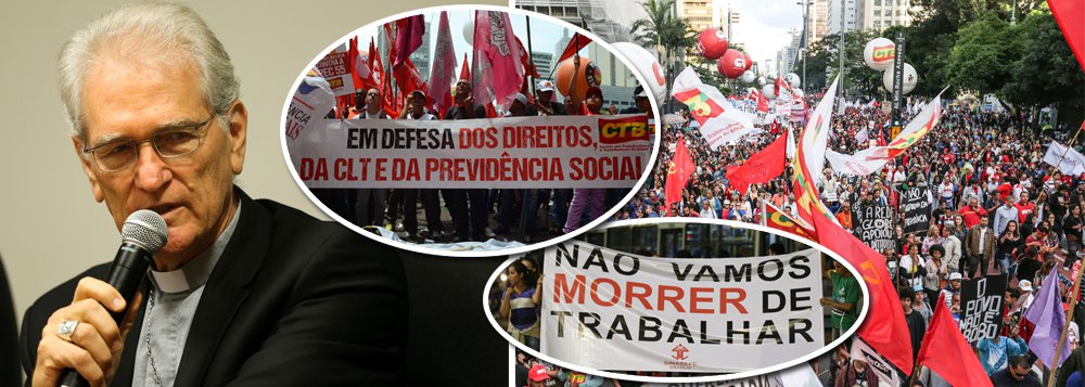 Secretário-geral da Conferência Nacional dos Bispos do Brasil (CNBB), dom Leonardo Steiner, afirmou nesta quarta-feira 25, em entrevista ao site da CNBB, que "reformas de tamanha importância não podem ser conduzidas sem esse amplo debate", como as propostas do governo Temer para mudar as regras da Previdência e trabalhista; "Certamente o conteúdo das manifestações se dará no sentido de defesa dos direitos dos trabalhadores do campo e da cidade, de modo muito particular dos mais pobres", diz Steiner; "O movimento sinaliza que a sociedade quer o diálogo, quer participar, quer dar sua contribuição", completou; a conferência está reunida em Aparecida (SP) para sua assembleia geral, da qual pode gerar um posicionamento mais assertivo contra as reformas e a greve geral do dia 28 nesta semana (Foto: Gisele Federicce) Secretário-geral da Conferência Nacional dos Bispos do Brasil (CNBB), dom Leonardo Steiner, afirmou nesta quarta-feira 25, em entrevista ao site da CNBB, que "reformas de tamanha importância não podem ser conduzidas sem esse amplo debate", como as propostas do governo Temer para mudar as regras da Previdência e trabalhista; "Certamente o conteúdo das manifestações se dará no sentido de defesa dos direitos dos trabalhadores do campo e da cidade, de modo muito particular dos mais pobres", diz Steiner; "O movimento sinaliza que a sociedade quer o diálogo, quer participar, quer dar sua contribuição", completou; a conferência está reunida em Aparecida (SP) para sua assembleia geral, da qual pode gerar um posicionamento mais assertivo contra as reformas e a greve geral do dia 28 nesta semana