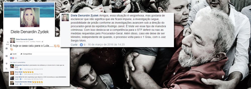 A juíza Diele Zydek, que vetou manifestações em Curitiba no dia 10, quando mais de 30 mil pessoas deverão emprestar seu apoio ao ex-presidente Luiz Inácio Lula da Silva, é também militante, nas redes sociais, contra o PT; no dia 4 de março de 2016, data da condução coercitiva do ex-presidente Lula, ela afirmou que "a casa caiu para Lula"; dias depois, ela também se manifestou contra a nomeação de Lula para a Casa Civil, um ato legal da presidente deposta Dilma Rousseff, que foi derrubado por uma liminar do ministro Gilmar Mendes; “O direito de manifestação não se confunde com a possibilidade de ocupação de bens públicos ou particulares”, escreveu a magistrada em sua decisão, assinada na última sexta-feira (Foto: Leonardo Attuch) A juíza Diele Zydek, que vetou manifestações em Curitiba no dia 10, quando mais de 30 mil pessoas deverão emprestar seu apoio ao ex-presidente Luiz Inácio Lula da Silva, é também militante, nas redes sociais, contra o PT; no dia 4 de março de 2016, data da condução coercitiva do ex-presidente Lula, ela afirmou que "a casa caiu para Lula"; dias depois, ela também se manifestou contra a nomeação de Lula para a Casa Civil, um ato legal da presidente deposta Dilma Rousseff, que foi derrubado por uma liminar do ministro Gilmar Mendes; “O direito de manifestação não se confunde com a possibilidade de ocupação de bens públicos ou particulares”, escreveu a magistrada em sua decisão, assinada na última sexta-feira