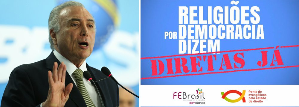 Em manifesto, o FEBrasil e a Frente de Evangélicos pelo Estado de Direito pedem Diretas Já e elencam mudanças na política brasileira urgentemente; "Eleições Direitas Já em 2017, e que sejam Eleições Gerais para evitar arranjos que excluam a maioria do povo dos rumos da Nação e para reinstituir as bases legítimas da nossa Democracia. Há tempos criou-se no Brasil uma crise de institucionalidade. O impeachment da Presidenta Dilma Roussef intensificou esse quadro. É urgente recuperar a função e a relevância das instituições", diz o texto (Foto: José Barbacena) Em manifesto, o FEBrasil e a Frente de Evangélicos pelo Estado de Direito pedem Diretas Já e elencam mudanças na política brasileira urgentemente; "Eleições Direitas Já em 2017, e que sejam Eleições Gerais para evitar arranjos que excluam a maioria do povo dos rumos da Nação e para reinstituir as bases legítimas da nossa Democracia. Há tempos criou-se no Brasil uma crise de institucionalidade. O impeachment da Presidenta Dilma Roussef intensificou esse quadro. É urgente recuperar a função e a relevância das instituições", diz o texto