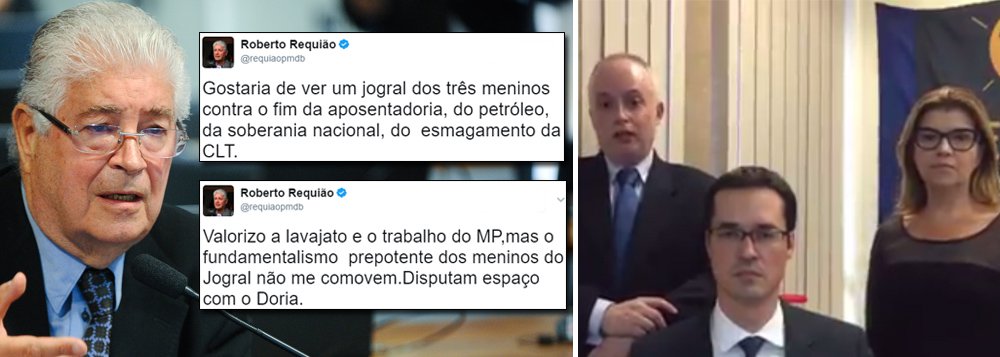 Relator do projeto contra o abuso de autoridade, que tramita no Congresso, senador Roberto Requião (PMDB-PR) rebateu nas redes sociais o vídeo publicado por três procuradores nesta terça-feira 18, entre eles Deltan Dallagnol, com um discurso duro contra a aprovação da proposta; "Os três procuradores que na internet protestam contra relatorio do 'abuso' não se dispuseram a vir conversar comigo, confrontar argumentos", disse Requião, que chamou o gesto de "ridícula molecagem"; "Gostaria de ver um jogral dos três meninos contra o fim da aposentadoria, do petróleo, da soberania nacional, do esmagamento da CLT", sugeriu (Foto: Gisele Federicce) Relator do projeto contra o abuso de autoridade, que tramita no Congresso, senador Roberto Requião (PMDB-PR) rebateu nas redes sociais o vídeo publicado por três procuradores nesta terça-feira 18, entre eles Deltan Dallagnol, com um discurso duro contra a aprovação da proposta; "Os três procuradores que na internet protestam contra relatorio do 'abuso' não se dispuseram a vir conversar comigo, confrontar argumentos", disse Requião, que chamou o gesto de "ridícula molecagem"; "Gostaria de ver um jogral dos três meninos contra o fim da aposentadoria, do petróleo, da soberania nacional, do esmagamento da CLT", sugeriu