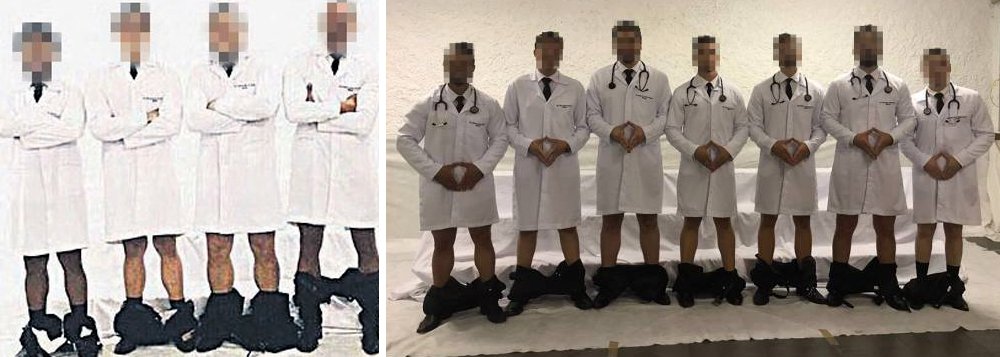 Jovens aparecem em uma foto com a hashtag #PintosNervosos vestindo jaleco, com as calças abaixadas até os tornozelos e fazendo um gesto com as mãos, que remete à genitália feminina; informação é de que eles seguiriam especialização na área de ginecologia (Foto: Gisele Federicce) Jovens aparecem em uma foto com a hashtag #PintosNervosos vestindo jaleco, com as calças abaixadas até os tornozelos e fazendo um gesto com as mãos, que remete à genitália feminina; informação é de que eles seguiriam especialização na área de ginecologia