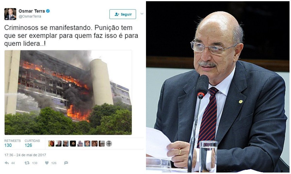 O ministro do Desenvolvimento Social e Agrário, Osmar Terra, publicou nas redes sociais uma imagem de um edifício em chamas atribuindo o caso aos manifestantes que protestavam contra as reformas do governo em Brasília nesta quarta-feira 24; trata-se de um incêndio ocorrido em 2005 em um prédio do INSS; “Punição tem que ser exemplar para quem faz isso quem lidera”, cobrou Terra (Foto: Gisele Federicce) O ministro do Desenvolvimento Social e Agrário, Osmar Terra, publicou nas redes sociais uma imagem de um edifício em chamas atribuindo o caso aos manifestantes que protestavam contra as reformas do governo em Brasília nesta quarta-feira 24; trata-se de um incêndio ocorrido em 2005 em um prédio do INSS; “Punição tem que ser exemplar para quem faz isso quem lidera”, cobrou Terra
