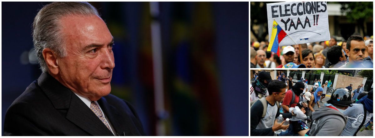 Rejeitado por 78% dos brasileiros, que defendem sua cassação imediata, Michel Temer disse que o problema da Venezuela só será resolvido com novas eleições presidenciais; ele disse esperar que, "muito proximamente, haja uma solução pacificadora na Venezuela por meio de eleições livres e com aplicação plena dos princípios democráticos"; curiosamente, é isso o que pensam também 90% dos brasileiros, que, segundo a mesma pesquisa Vox Populi, também querem eleições diretas no Brasil; neste sábado 22, até o senador Ronaldo Caiado (DEM-GO), que apoiou o golpe de 2016, defendeu eleições gerais; Temer foi citado por executivos da Odebrecht como responsável por uma propina de US$ 40 milhões para o PMDB (Foto: Gisele Federicce) Rejeitado por 78% dos brasileiros, que defendem sua cassação imediata, Michel Temer disse que o problema da Venezuela só será resolvido com novas eleições presidenciais; ele disse esperar que, "muito proximamente, haja uma solução pacificadora na Venezuela por meio de eleições livres e com aplicação plena dos princípios democráticos"; curiosamente, é isso o que pensam também 90% dos brasileiros, que, segundo a mesma pesquisa Vox Populi, também querem eleições diretas no Brasil; neste sábado 22, até o senador Ronaldo Caiado (DEM-GO), que apoiou o golpe de 2016, defendeu eleições gerais; Temer foi citado por executivos da Odebrecht como responsável por uma propina de US$ 40 milhões para o PMDB