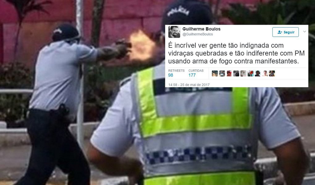 Coordenador do Movimento dos Trabalhadores Sem Teto (MTST) e líder da frente Povo Sem medo, Guilherme Boulos, criticou nesta quinta-feira, a hipocrisia de parte da população brasileira, estimulada pela mídia, de condenar a maior manifestação popular de Brasília por conta de vidraças quebradas em ministérios; "É incrível ver gente tão indignada com vidraças quebradas e tão indiferente com PM usando arma de fogo contra manifestantes", disse Boulos em sua conta no Twitter (Foto: Aquiles Lins) Coordenador do Movimento dos Trabalhadores Sem Teto (MTST) e líder da frente Povo Sem medo, Guilherme Boulos, criticou nesta quinta-feira, a hipocrisia de parte da população brasileira, estimulada pela mídia, de condenar a maior manifestação popular de Brasília por conta de vidraças quebradas em ministérios; "É incrível ver gente tão indignada com vidraças quebradas e tão indiferente com PM usando arma de fogo contra manifestantes", disse Boulos em sua conta no Twitter