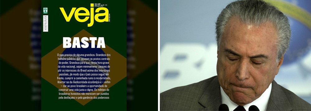 "A revista Veja passou a ser a publicação impressa que mais recebe dinheiro do governo federal, superando todos os jornalões e revistas, incluindo Folha, Globo e Estadão. Nos últimos 12 meses, a Veja recebeu R$ 3,24 milhões da Secom, aumento de 490% sobre o ano anterior. Os valores não contabilizam as estatais, o que poderia multiplicar o montante por três ou quatro vezes", aponta Miguel do Rosário, editor do Cafezinho; neste fim de semana, após a derrocada de Temer, Veja pediu um basta, mas sem a imagem de Temer (Foto: Leonardo Attuch) "A revista Veja passou a ser a publicação impressa que mais recebe dinheiro do governo federal, superando todos os jornalões e revistas, incluindo Folha, Globo e Estadão. Nos últimos 12 meses, a Veja recebeu R$ 3,24 milhões da Secom, aumento de 490% sobre o ano anterior. Os valores não contabilizam as estatais, o que poderia multiplicar o montante por três ou quatro vezes", aponta Miguel do Rosário, editor do Cafezinho; neste fim de semana, após a derrocada de Temer, Veja pediu um basta, mas sem a imagem de Temer