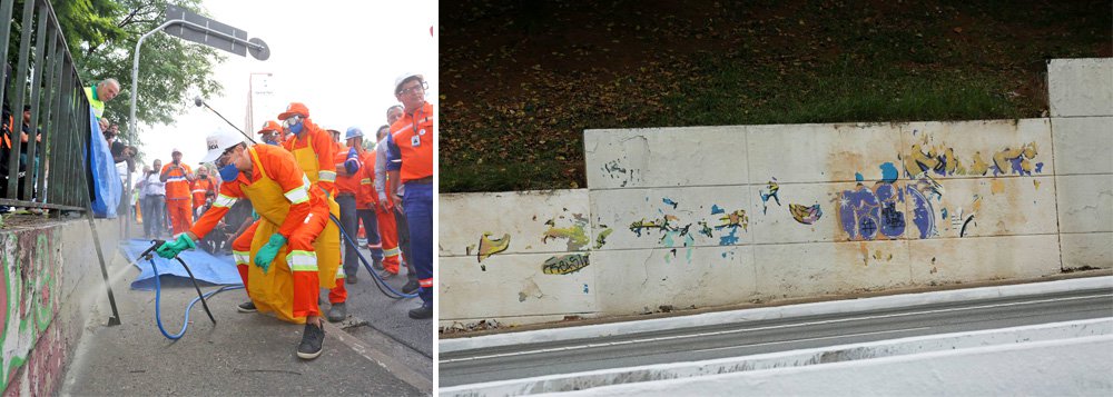 Os grafites que foram cobertos por tinta cinza numa das primeiras ações do prefeito de São Paulo João Doria (PSDB) estão reaparecendo na Avenida 23 de Maio, em São Paulo; a tinta está descascando; a prefeitura afirma que as tintas usadas foram doadas; o grafiteiro Mundano usou água e esponja para recuperar uma obra sua apagada por Doria; "Maquiagem sai com o tempo", afirmou (Foto: Aquiles Lins) Os grafites que foram cobertos por tinta cinza numa das primeiras ações do prefeito de São Paulo João Doria (PSDB) estão reaparecendo na Avenida 23 de Maio, em São Paulo; a tinta está descascando; a prefeitura afirma que as tintas usadas foram doadas; o grafiteiro Mundano usou água e esponja para recuperar uma obra sua apagada por Doria; "Maquiagem sai com o tempo", afirmou