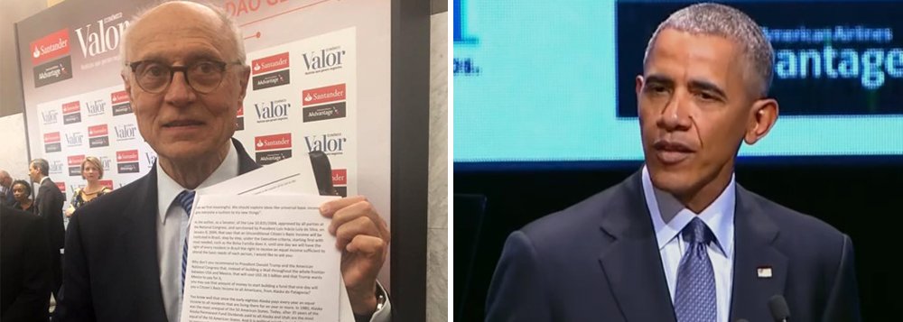 O ex-senador e vereador paulistano Eduardo Suplicy (PT) entregou pessoalmente nesta quinta-feira, 5, uma carta ao ex-presidente americano Barack Obama sobre o projeto de renda mínima da cidadania; "Eu disse em inglês que gostaria muito de entregar essa carta porque gostaria de conhecer a sua opinião sobre a renda básica universal. Ele pegou a carta e disse que iria me responder. Aí na hora que eu acabei de ter esse diálogo em que ele me olhou nos olhos eu percebi que nas minhas costas estavam me puxando", relatou Suplicy (Foto: Aquiles Lins) O ex-senador e vereador paulistano Eduardo Suplicy (PT) entregou pessoalmente nesta quinta-feira, 5, uma carta ao ex-presidente americano Barack Obama sobre o projeto de renda mínima da cidadania; "Eu disse em inglês que gostaria muito de entregar essa carta porque gostaria de conhecer a sua opinião sobre a renda básica universal. Ele pegou a carta e disse que iria me responder. Aí na hora que eu acabei de ter esse diálogo em que ele me olhou nos olhos eu percebi que nas minhas costas estavam me puxando", relatou Suplicy