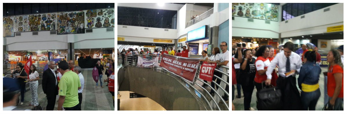 Lideranças sindicais de várias categorias participaram, na madrugada de hoje, de vigília no Aeroporto de Fortaleza. Entre 04:30h e 07:00h foram abordados 10 deputados e deputadas federais que embarcavam para Brasília. O objetivo dos manifestantes era pressionar os parlamentares a votar contra o fim da aposentadoria e dos direitos trabalhistas (Foto: Fatima 247) Lideranças sindicais de várias categorias participaram, na madrugada de hoje, de vigília no Aeroporto de Fortaleza. Entre 04:30h e 07:00h foram abordados 10 deputados e deputadas federais que embarcavam para Brasília. O objetivo dos manifestantes era pressionar os parlamentares a votar contra o fim da aposentadoria e dos direitos trabalhistas