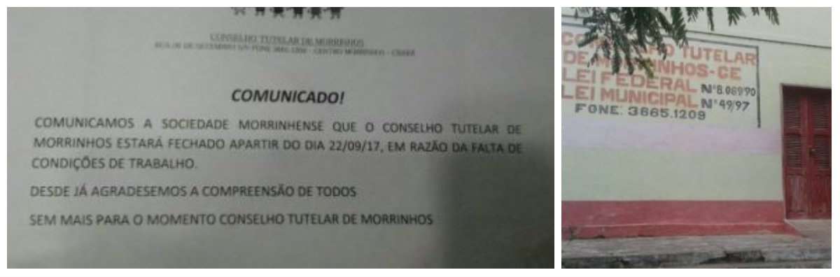 Integrantes do Conselho Tutelar do município de Morrinhos, na região Norte do Ceará, decidiram suspender as atividades da instituição desde o último dia 22. Segundo comunicado divulgado à imprensa, o Conselho Tutelar de Morrinhos tem enfrentado problemas desde o início da gestão do prefeito Carlos Bruno como o não pagamento das diárias do coletivo, corte no fornecimento do material de limpeza, da água potável para beber e de material de expediente. O fato foi denunciado ao Ministério Público e à impressa local (Foto: Fatima 247) Integrantes do Conselho Tutelar do município de Morrinhos, na região Norte do Ceará, decidiram suspender as atividades da instituição desde o último dia 22. Segundo comunicado divulgado à imprensa, o Conselho Tutelar de Morrinhos tem enfrentado problemas desde o início da gestão do prefeito Carlos Bruno como o não pagamento das diárias do coletivo, corte no fornecimento do material de limpeza, da água potável para beber e de material de expediente. O fato foi denunciado ao Ministério Público e à impressa local