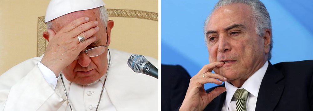 Em uma carta a Michel Temer, o pontífice recusa um convite para visitar o Brasil, feito formalmente no fim de 2016, para as celebrações dos 300 anos da aparição de Nossa Senhora Aparecida, e cobra o presidente para evitar medidas que agravem a situação da população carente no País; "Sei bem que a crise que o país enfrenta não é de simples solução, uma vez que tem raízes sócio-político-econômicas, e não corresponde à Igreja nem ao Papa dar uma receita concreta para resolver algo tão complexo", diz Francisco, acrescentando que não pode, porém, "deixar de pensar em tantas pessoas, sobretudo nos mais pobres"; ele atribui a recusa do convite à sua intensa agenda e afirma que acompanha "com atenção" os acontecimentos na maior nação da América Latina (Foto: Gisele Federicce) Em uma carta a Michel Temer, o pontífice recusa um convite para visitar o Brasil, feito formalmente no fim de 2016, para as celebrações dos 300 anos da aparição de Nossa Senhora Aparecida, e cobra o presidente para evitar medidas que agravem a situação da população carente no País; "Sei bem que a crise que o país enfrenta não é de simples solução, uma vez que tem raízes sócio-político-econômicas, e não corresponde à Igreja nem ao Papa dar uma receita concreta para resolver algo tão complexo", diz Francisco, acrescentando que não pode, porém, "deixar de pensar em tantas pessoas, sobretudo nos mais pobres"; ele atribui a recusa do convite à sua intensa agenda e afirma que acompanha "com atenção" os acontecimentos na maior nação da América Latina