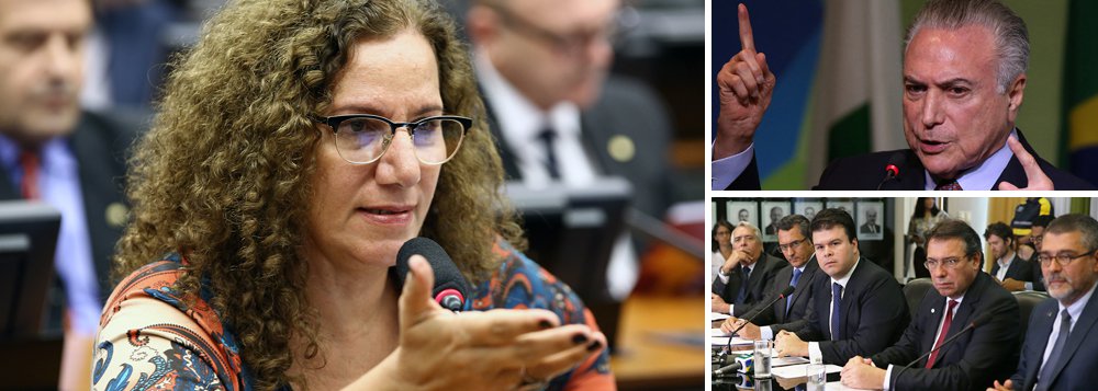 "Para se sustentar na cadeira presidencial, mesmo que ilegítimo, Michel Temer pilha o patrimônio de nossa nação a qualquer custo", protesta a deputada Jandira Feghali (PCdoB), sobre o pacote de 57 empresas e projetos que serão privatizados; "A preço de banana, numa grande feira, uma lista de estatais se esvaem às escuras. Pôr a Eletrobras no escuso balcão de negócios montado no terceiro andar do Palácio do Planalto é entregar o Brasil a um futuro sem perspectiva estratégica de desenvolvimento. Um ano e três meses depois do golpe, tudo está à venda", escreve a parlamentar; ela afirma que "a explicação pública do governo é cínica" e que, "além de um governo corrupto, refém de uma banda podre, entrega os sonhos e as possibilidades de milhões de brasileiros" (Foto: Jandira Feghali) "Para se sustentar na cadeira presidencial, mesmo que ilegítimo, Michel Temer pilha o patrimônio de nossa nação a qualquer custo", protesta a deputada Jandira Feghali (PCdoB), sobre o pacote de 57 empresas e projetos que serão privatizados; "A preço de banana, numa grande feira, uma lista de estatais se esvaem às escuras. Pôr a Eletrobras no escuso balcão de negócios montado no terceiro andar do Palácio do Planalto é entregar o Brasil a um futuro sem perspectiva estratégica de desenvolvimento. Um ano e três meses depois do golpe, tudo está à venda", escreve a parlamentar; ela afirma que "a explicação pública do governo é cínica" e que, "além de um governo corrupto, refém de uma banda podre, entrega os sonhos e as possibilidades de milhões de brasileiros"