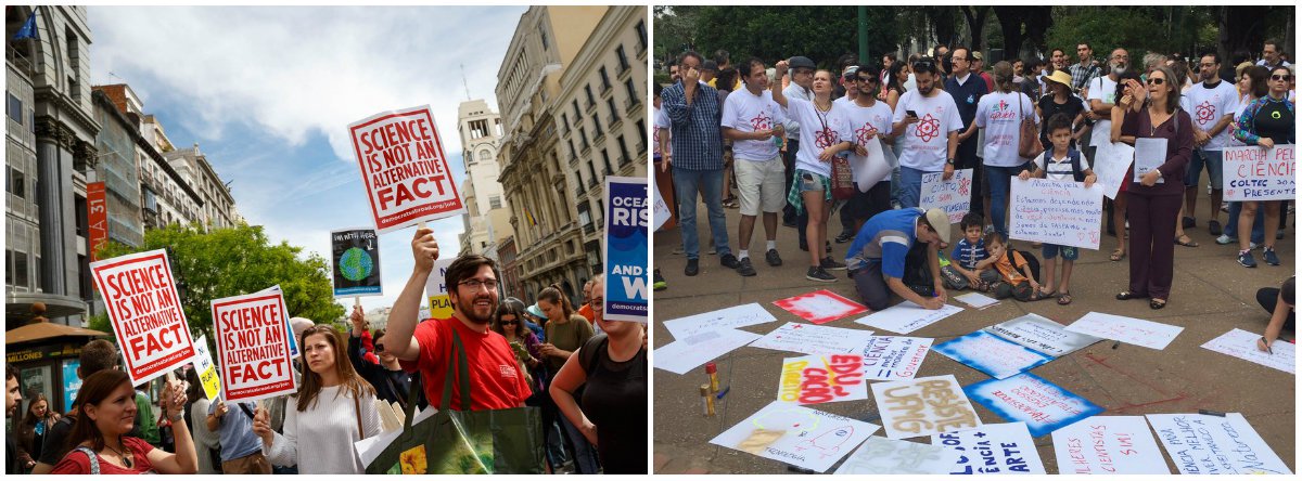 Milhares de cientistas e outras pessoas se apresentaram em Washington e Nova York neste sábado para os eventos do Dia da Terra, uma "celebração" para combater o crescente desprezo pela ciência; os atos foram efetivamente protestos contra cortes propostos pelo presidente Donald Trump em orçamentos federais de ciência e pesquisa e o ceticismo de sua administração sobre mudanças climáticas e a necessidade de retardar o aquecimento global; ato aconteceu em diversos países, entre eles o Brasil, onde mais de 20 cidades convocaram a marcha; confira vídeo do protesto realizado em BH, publicado pela Mídia Ninja (Foto: Gisele Federicce) Milhares de cientistas e outras pessoas se apresentaram em Washington e Nova York neste sábado para os eventos do Dia da Terra, uma "celebração" para combater o crescente desprezo pela ciência; os atos foram efetivamente protestos contra cortes propostos pelo presidente Donald Trump em orçamentos federais de ciência e pesquisa e o ceticismo de sua administração sobre mudanças climáticas e a necessidade de retardar o aquecimento global; ato aconteceu em diversos países, entre eles o Brasil, onde mais de 20 cidades convocaram a marcha; confira vídeo do protesto realizado em BH, publicado pela Mídia Ninja