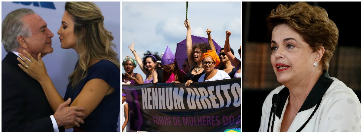Responsável pela conspiração que derrubou a primeira mulher eleita presidente da República, Michel Temer, que também produziu a maior depressão econômica da história do País, disse nesta quarta-feira, em cerimônia no Palácio do Planalto em homenagem ao Dia Internacional da Mulher, que a recuperação econômica (inexistente, diga-se de passagem) permitirá que as mulheres tenham mais oportunidades de emprego, além de cuidar dos "afazeres domésticos"; ao lado da primeira-dama, Marcela, que se assume bela, recatada e do lar, Temer também disse que ninguém é mais capaz do que as mulheres para "indicar os desajustes de preço no supermercado" e ainda que a formação dos filhos é feita pelas mulheres; do lado de fora, acontecia ato de mulheres contra a perda de direitos e pelo 'Fora, Temer' (Foto: Gisele Federicce) www.brasil247.com - Responsável pela conspiração que derrubou a primeira mulher eleita presidente da República, Michel Temer, que também produziu a maior depressão econômica da história do País, disse nesta quarta-feira, em cerimônia no Palácio do Planalto em homenagem ao Dia Internacional da Mulher, que a recuperação econômica (inexistente, diga-se de passagem) permitirá que as mulheres tenham mais oportunidades de emprego, além de cuidar dos "afazeres domésticos"; ao lado da primeira-dama, Marcela, que se assume bela, recatada e do lar, Temer também disse que ninguém é mais capaz do que as mulheres para "indicar os desajustes de preço no supermercado" e ainda que a formação dos filhos é feita pelas mulheres; do lado de fora, acontecia ato de mulheres contra a perda de direitos e pelo 'Fora, Temer'