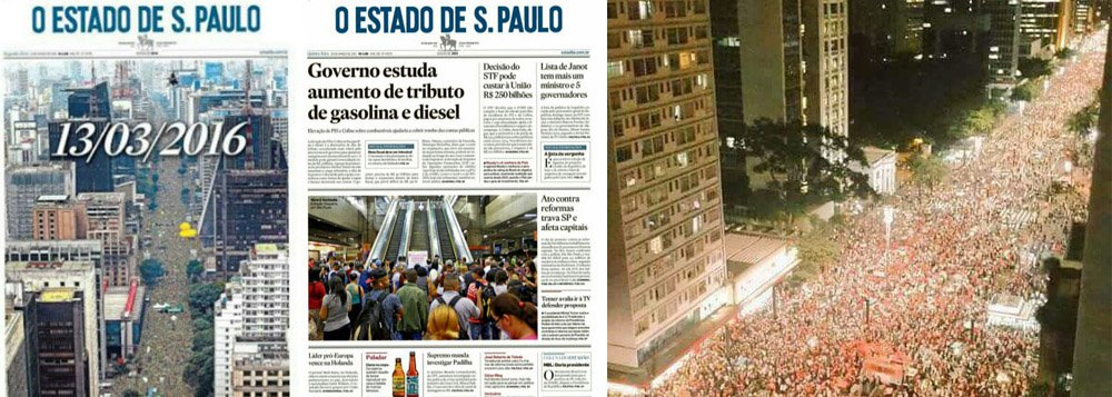 Quando noticiou os protestos de 13 de março do ano passado, em que milhares de pessoas vestidas de verde e amarelo lotaram a avenida Paulista para protestar contra a corrupção e pela saída da presidente Dilma Rousseff, o Estado de S. Paulo usou sua primeira página inteira para retratar a cena; um ano depois, quando a Paulista foi novamente ocupada, desta vez por milhares de brasileiros em sua maioria vestidos de vermelho, mostrando sua rejeição à perversa reforma da Previdência de Michel Temer, o jornal da família Mesquita fingiu que não viu a multidão e, pior, preferiu abordar o assunto como um problema de trânsito (Foto: Aquiles Lins) Quando noticiou os protestos de 13 de março do ano passado, em que milhares de pessoas vestidas de verde e amarelo lotaram a avenida Paulista para protestar contra a corrupção e pela saída da presidente Dilma Rousseff, o Estado de S. Paulo usou sua primeira página inteira para retratar a cena; um ano depois, quando a Paulista foi novamente ocupada, desta vez por milhares de brasileiros em sua maioria vestidos de vermelho, mostrando sua rejeição à perversa reforma da Previdência de Michel Temer, o jornal da família Mesquita fingiu que não viu a multidão e, pior, preferiu abordar o assunto como um problema de trânsito